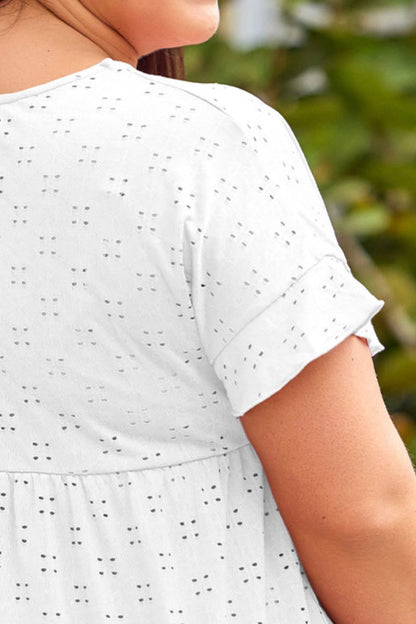 Plus Size Eyelet Round Neck Short Sleeve Blouse - Fashion Finder Hub