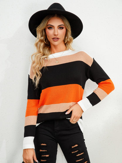 Striped Round Neck Dropped Shoulder Sweater - Fashion Finder Hub