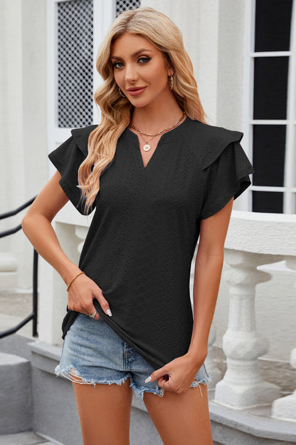Eyelet Notched Short Sleeve T-Shirt - Fashion Finder Hub