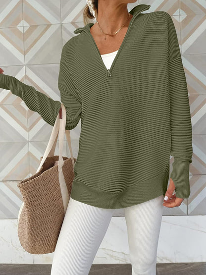 Half Zip Long Sleeve Knit Top - Fashion Finder Hub