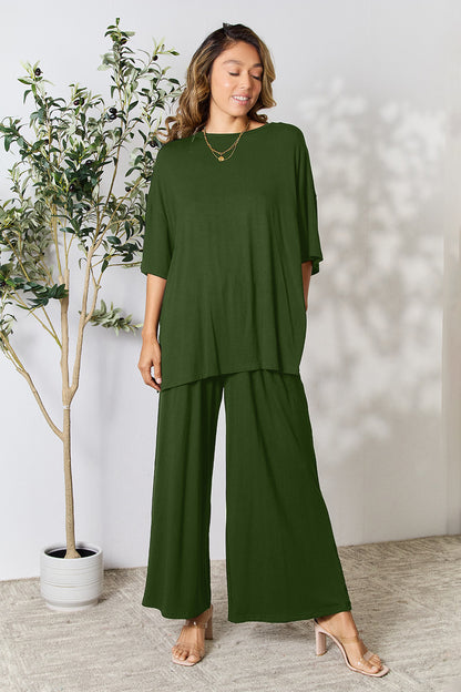 Double Take Full Size Round Neck Slit Top and Pants Set - Fashion Finder Hub
