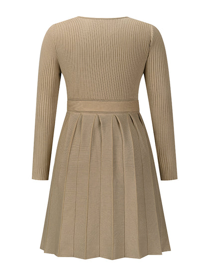 Surplice Neck Tie Front Pleated Sweater Dress - Fashion Finder Hub