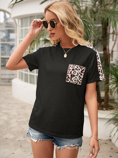 Pocketed Leopard Round Neck Short Sleeve T-Shirt - Fashion Finder Hub