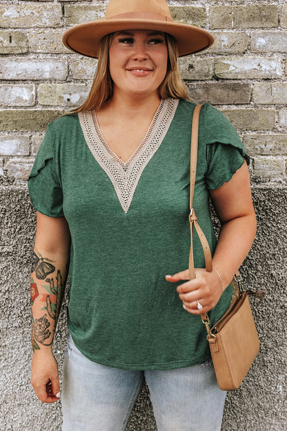 Plus Size V-Neck Petal Sleeve Blouse - Fashion Finder Hub