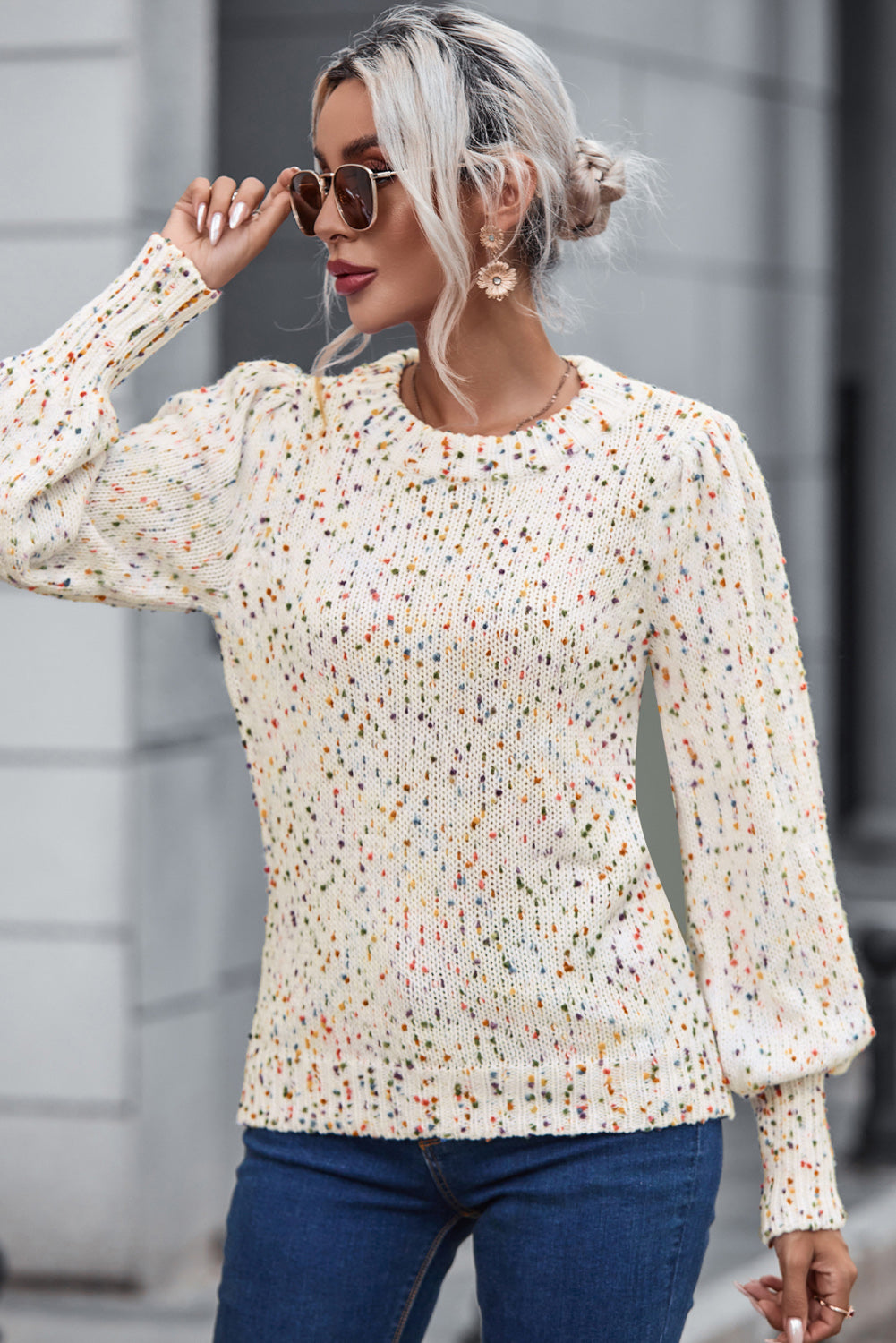 Heathered Round Neck Lantern Sleeve Sweater - Fashion Finder Hub