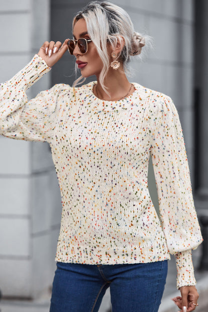 Heathered Round Neck Lantern Sleeve Sweater - Fashion Finder Hub