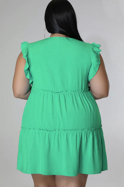 Plus Size V-Neck Frill Trim Mini Dress - Fashion Finder Hub