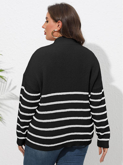 Plus Size Zip-Up Striped Sweater - Fashion Finder Hub