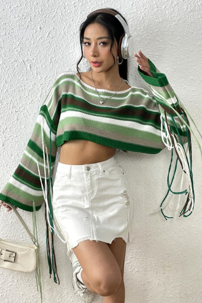 Fringe Striped Round Neck Knit Top - Fashion Finder Hub