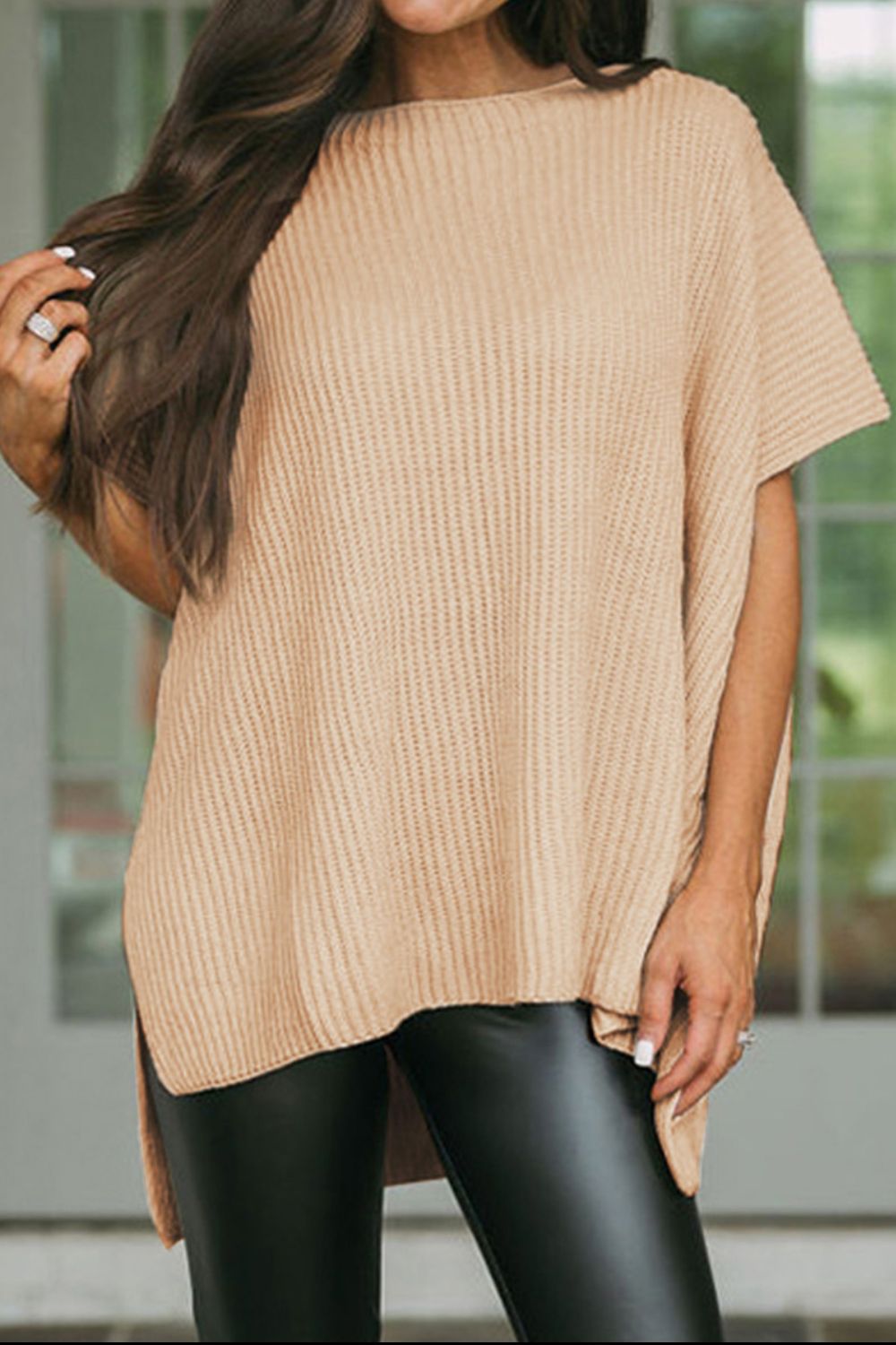 Waffle-Knit Slit Short Sleeve Sweater - Fashion Finder Hub