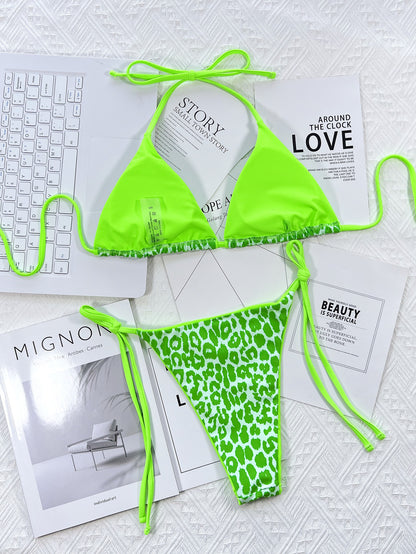 Leopard Print Halter Neck Tie Side Bikini Set - Fashion Finder Hub