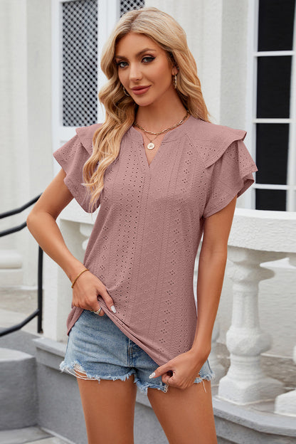 Eyelet Notched Short Sleeve T-Shirt - Fashion Finder Hub