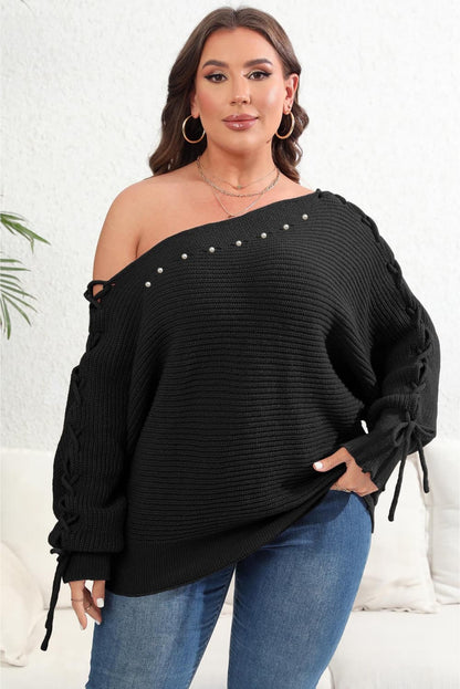 Plus Size One Shoulder Beaded Sweater - Fashion Finder Hub