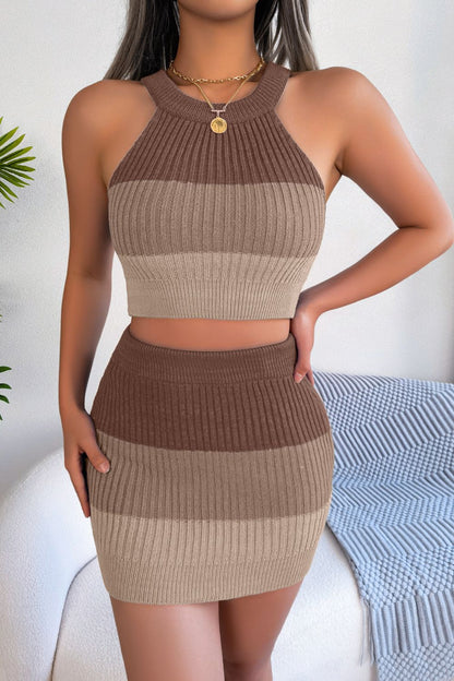 Color Block Sleeveless Crop Knit Top and Skirt Set - Fashion Finder Hub