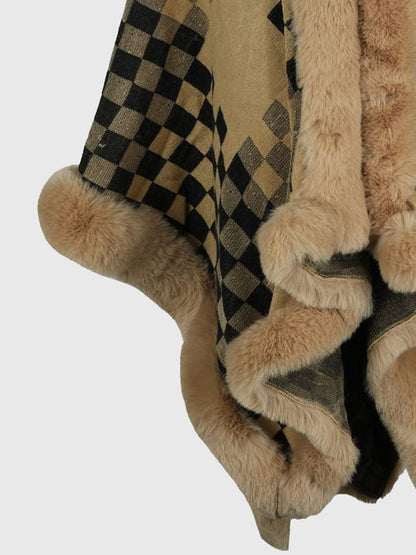 Checkered Faux Fur Trim Poncho - Fashion Finder Hub