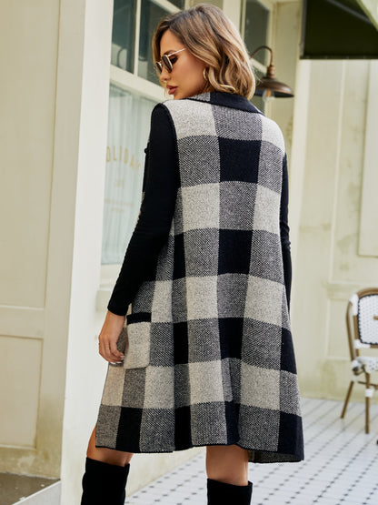 Plaid Lapel Collar Sleeveless Cardigan - Fashion Finder Hub