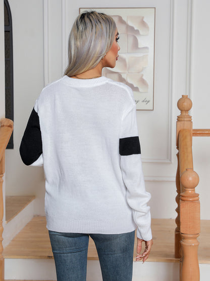Color Block Cable-Knit Round Neck Sweater - Fashion Finder Hub