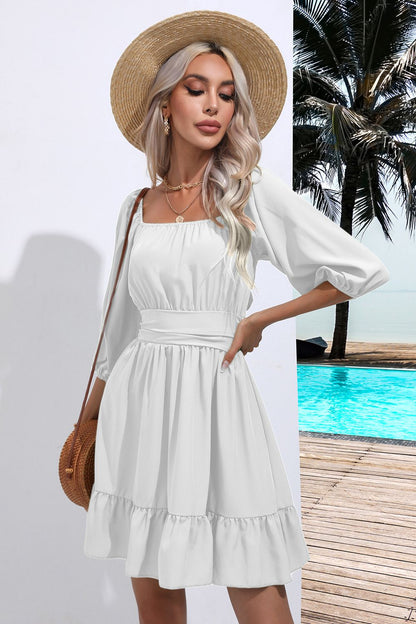 Square Neck Tie Back Ruffle Hem Dress - Fashion Finder Hub