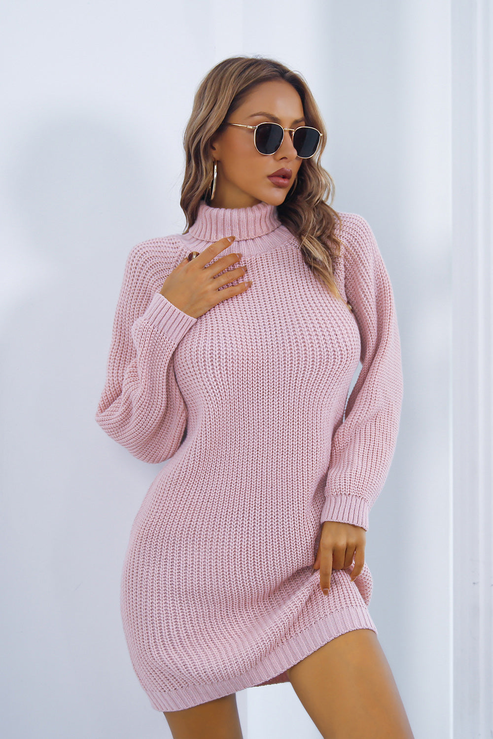 Buttoned Turtleneck Long Sleeve Sweater Dress - Fashion Finder Hub