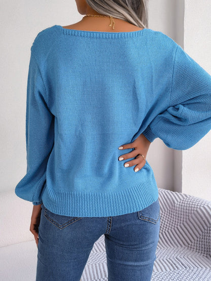 Cable-Knit Square Neck Long Sleeve Sweater - Fashion Finder Hub