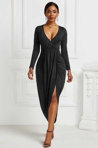 High-low Ruched Surplice Long Sleeve Dress - Fashion Finder Hub