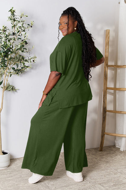 Double Take Full Size Round Neck Slit Top and Pants Set - Fashion Finder Hub