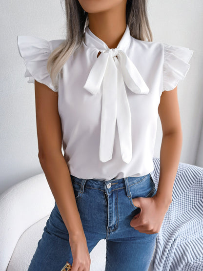 Tie  Neck Cap Sleeve Blouse - Fashion Finder Hub