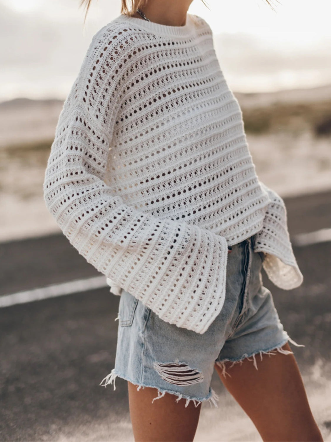Openwork Round Neck Dropped Shoulder Knit Top - Fashion Finder Hub