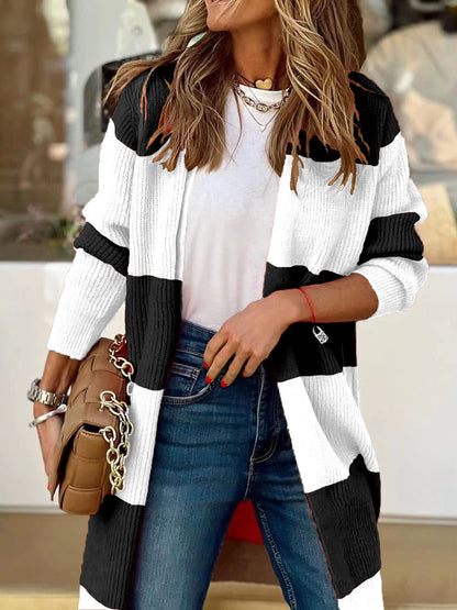 Contrast Open Front Long Sleeve Cardigan - Fashion Finder Hub