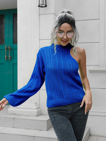 Cable-Knit Round Neck Asymmetrical Sweater - Fashion Finder Hub