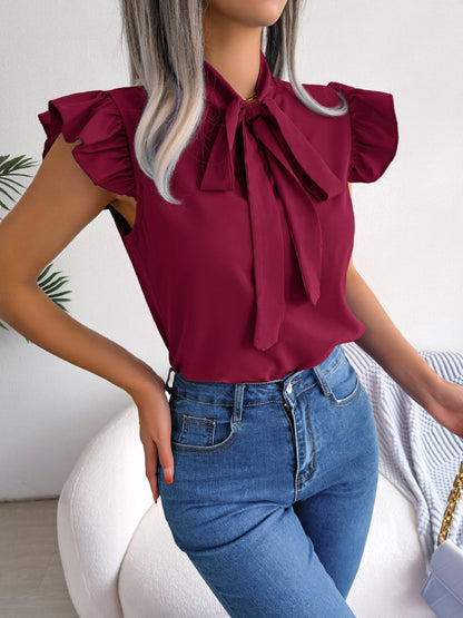 Tie  Neck Cap Sleeve Blouse - Fashion Finder Hub