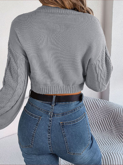 Cable-Knit Round Neck Cropped Sweater - Fashion Finder Hub
