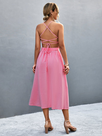 Buttoned Halter Neck Frill Trim Midi Dress - Fashion Finder Hub
