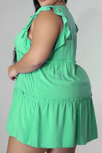 Plus Size V-Neck Frill Trim Mini Dress - Fashion Finder Hub