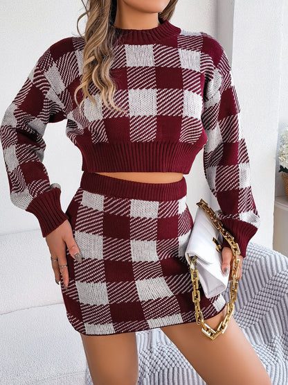 Plaid Round Neck Top and Skirt Sweater Set - Fashion Finder Hub
