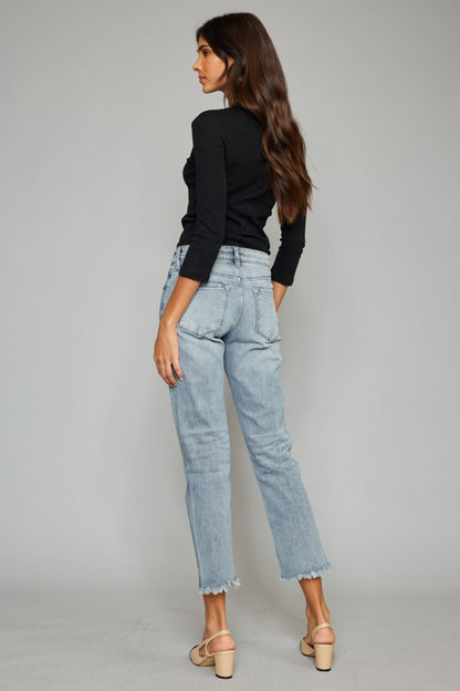 Kancan High Waist Button Fly Raw Hem Cropped Straight Jeans - Fashion Finder Hub