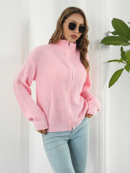 Turtleneck Zip Up Long Sleeve Knit Top - Fashion Finder Hub