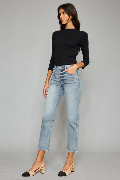 Kancan High Waist Button Fly Raw Hem Cropped Straight Jeans - Fashion Finder Hub
