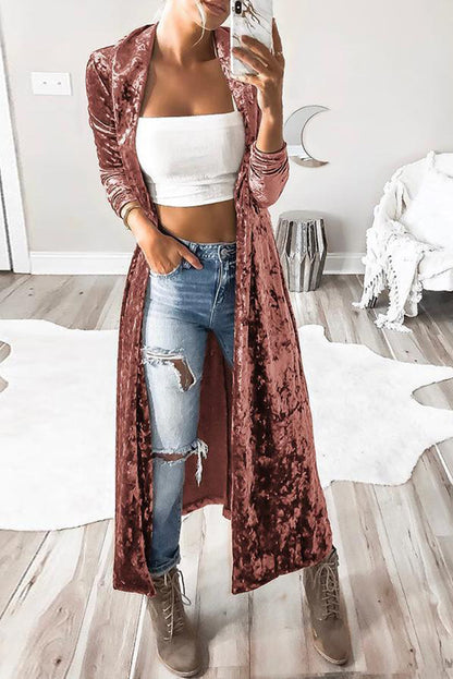 Open Front Long Sleeve Longline Velvet Cardigan - Fashion Finder Hub