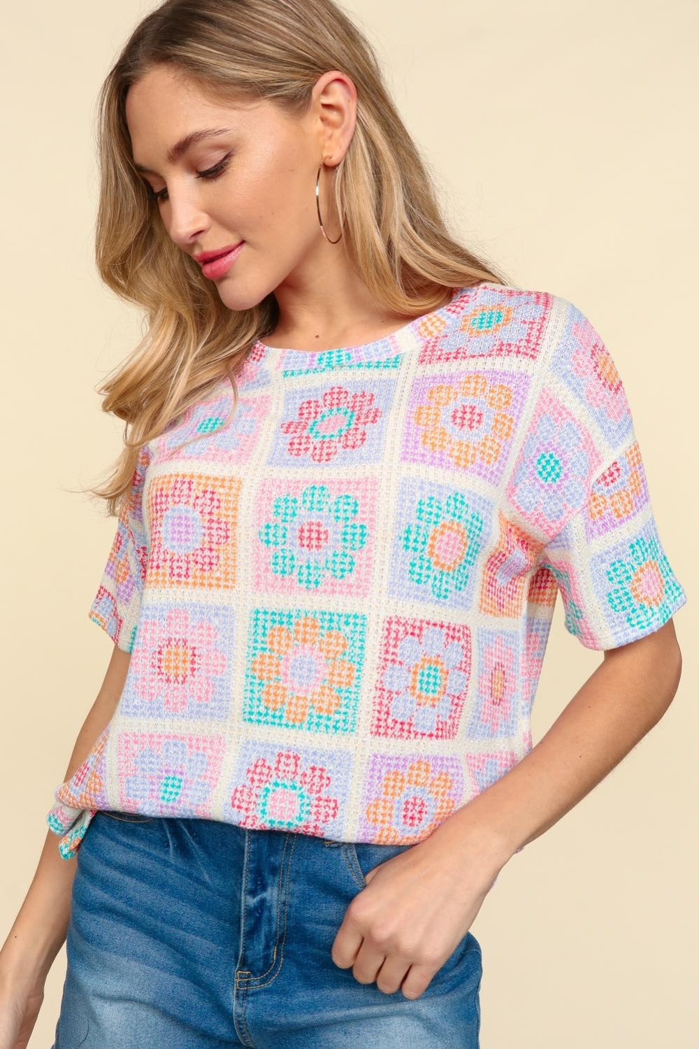 Haptics Flower Print Round Neck Short Sleeve T-Shirt - Fashion Finder Hub