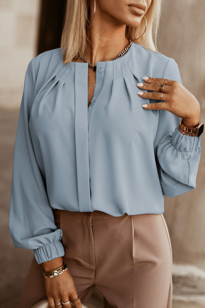 Button Up Round Neck Long Sleeve Shirt - Fashion Finder Hub