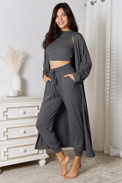 Tank, Pants, and Cardigan Set with Pockets - Fashion Finder Hub