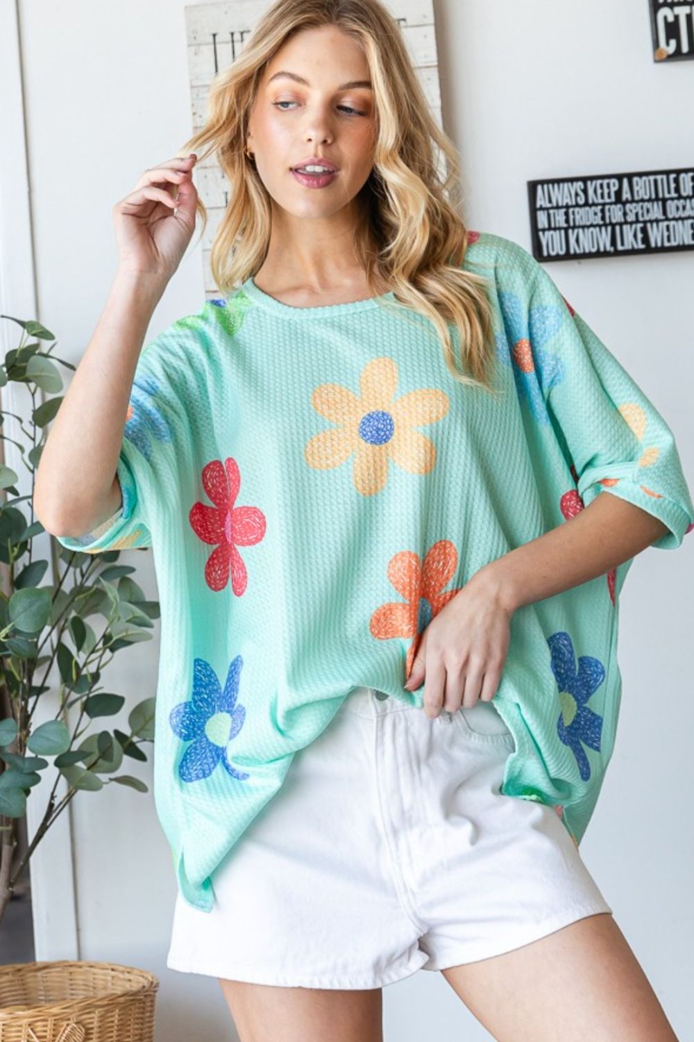 HOPELY Floral Waffle Oversize T-Shirt - Fashion Finder Hub