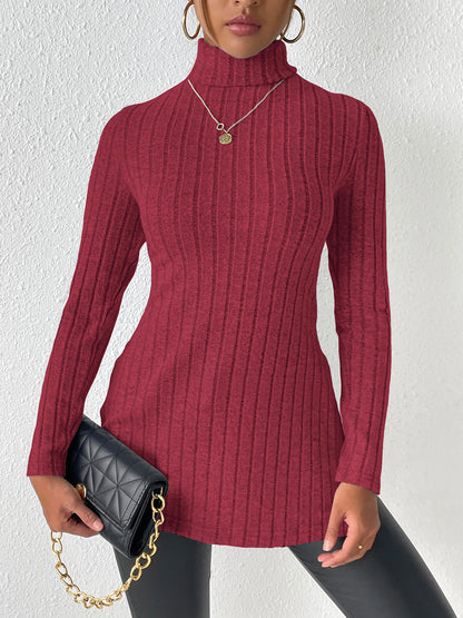 Ribbed Turtleneck Long Sleeve Slit T-Shirt - Fashion Finder Hub