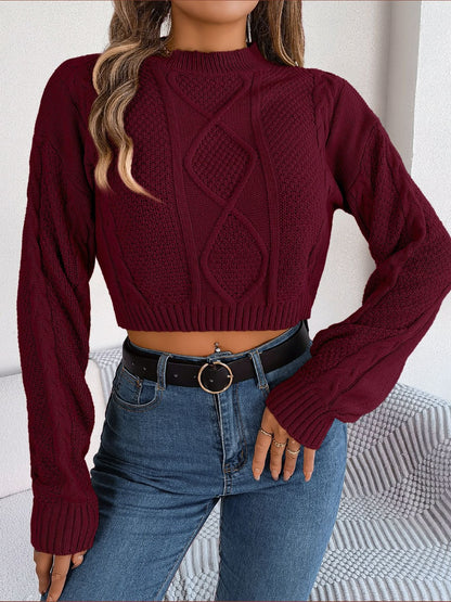 Cable-Knit Round Neck Cropped Sweater - Fashion Finder Hub