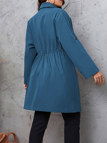 Plus Size Lapel Collar Drawstring Roll-Tab Sleeve Trench Coat - Fashion Finder Hub