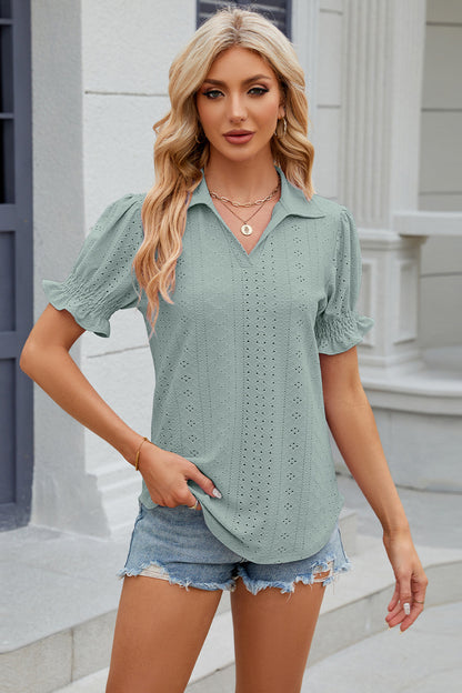 Eyelet Johnny Collar Short Sleeve Blouse - Fashion Finder Hub