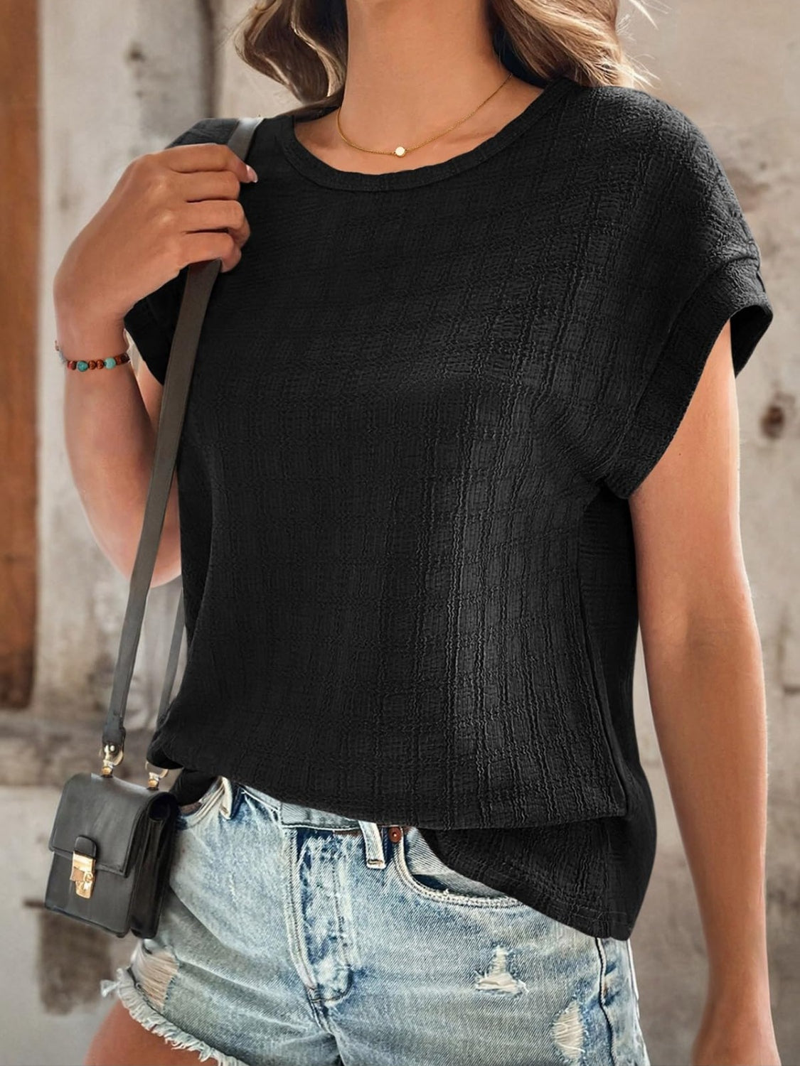 Textured Round Neck Short Sleeve Top - Fashion Finder Hub
