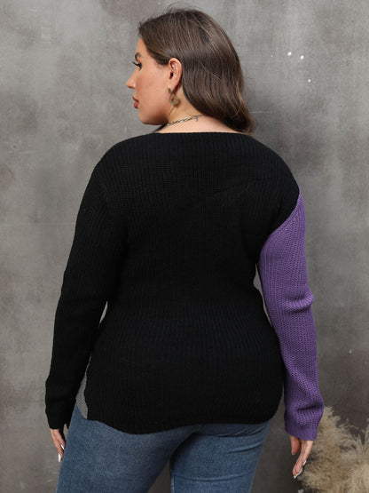 Plus Size Two-Tone Surplice Neck Sweater - Fashion Finder Hub
