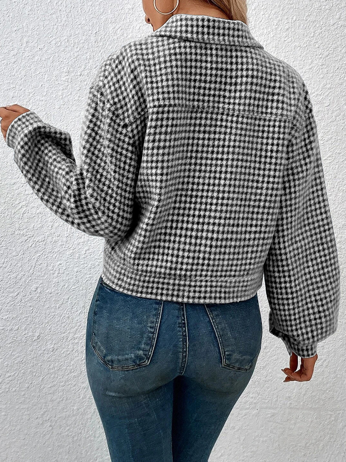 Houndstooth Collared Neck Button Up Jacket